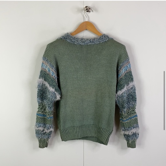 Homemade textured Sweater, muted green & blue size m/L w/feathers! nwt - Picture 5 of 10